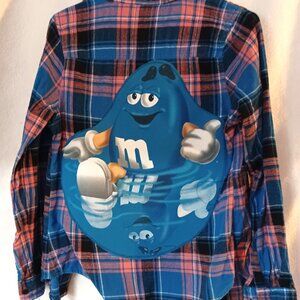 Blue M&M upcycled refurbished recycled flannel shirt